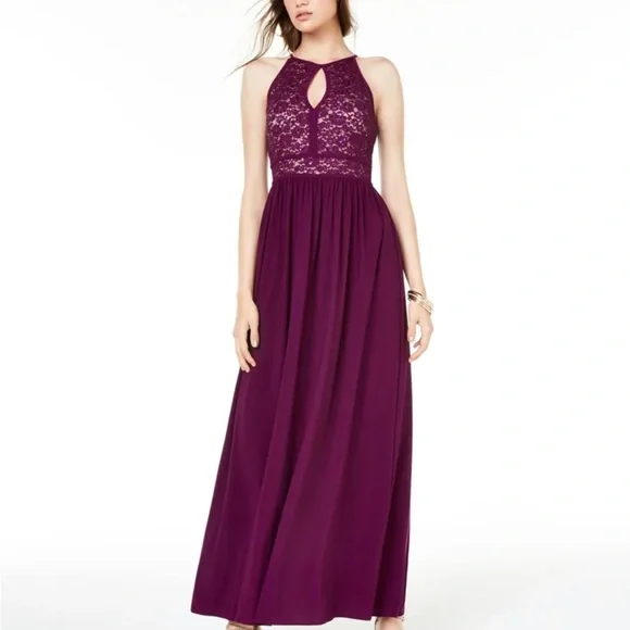 Morgan & Co Sequined Halter Maxi Formal Mermaid Dress - Color Merlot/Nude Size 5 - Picture 1 of 10